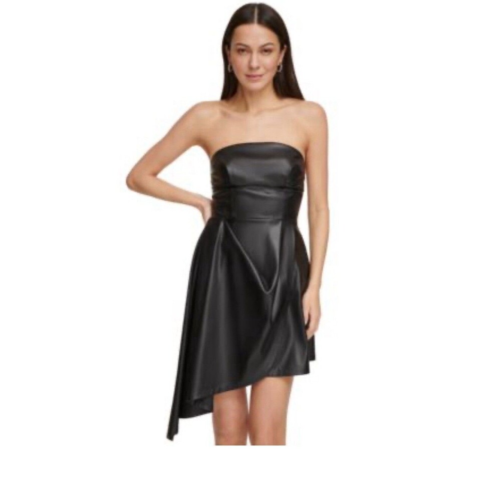 DKNY Women's Strapless Faux-Leather High Low Sides Cocktail Party Dress Black 4